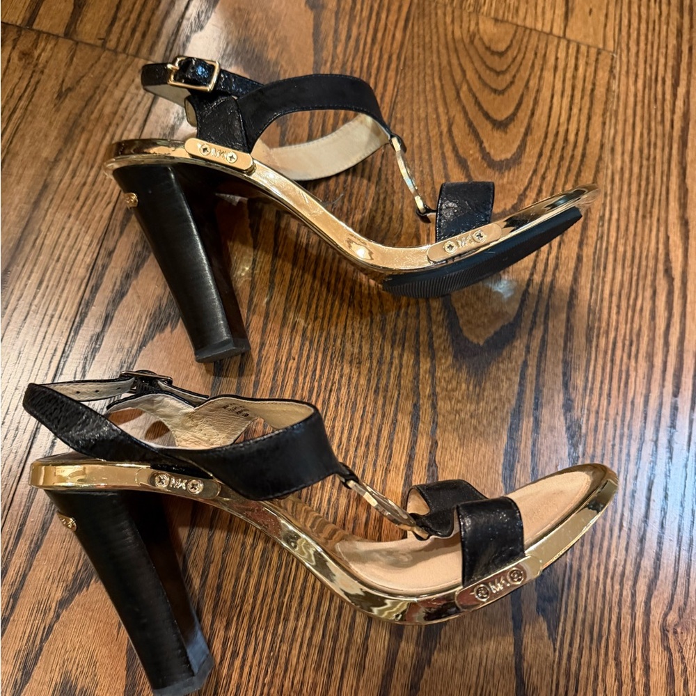 Michael Kors Black Suede Heels with Gold Hardware